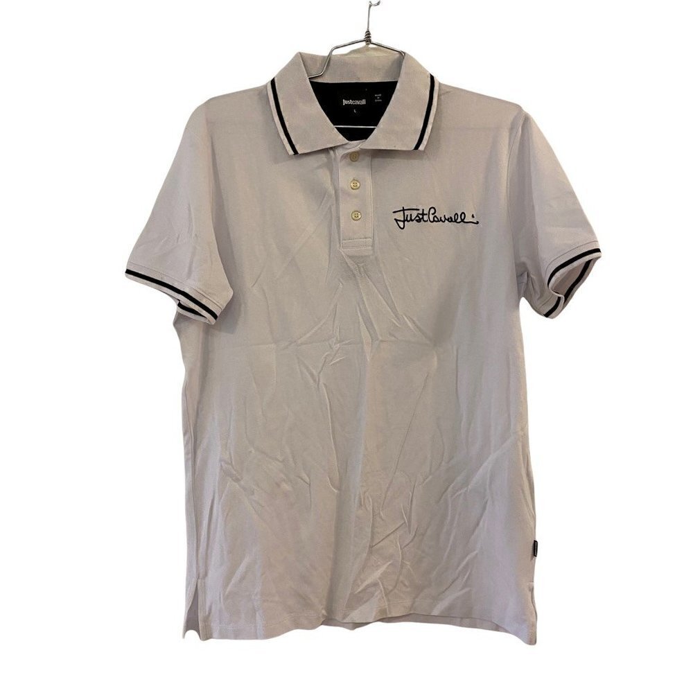 Just Cavalli Mens Polo Shirt White Short Sleeve Collar Embroider Logo Large New